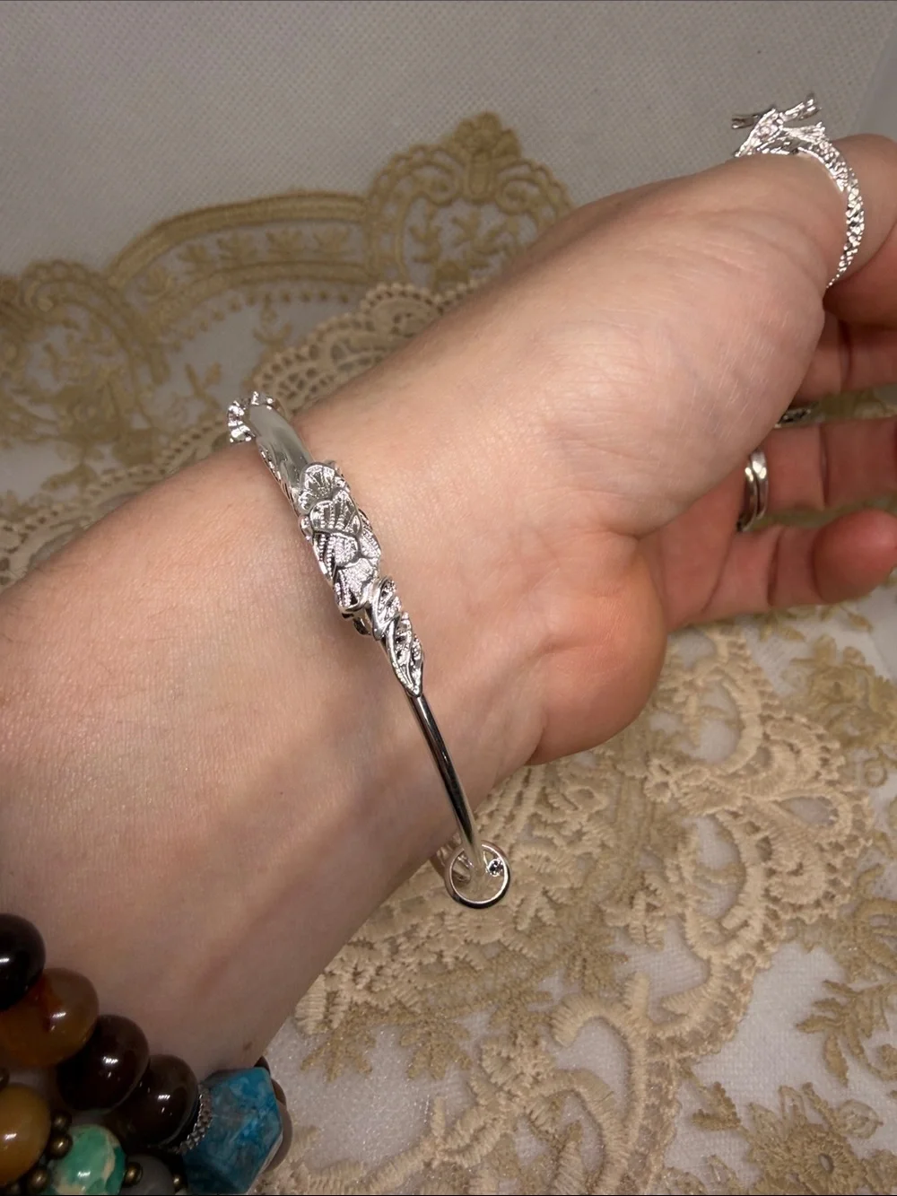 925 Sterling Silver Lace Leaf Adjustable Bangle Bracelet Heirloom French Market